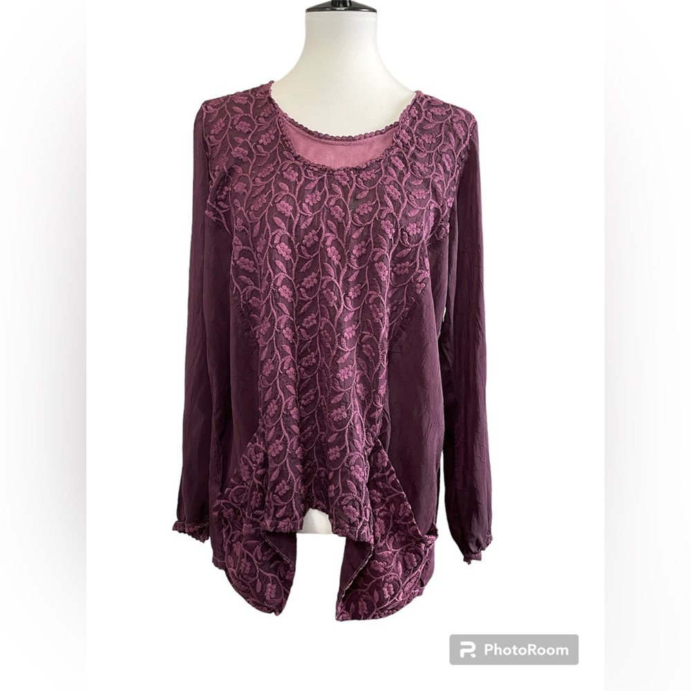 Johnny Was Maroon Long Sleeve Floral Lace Asymmetrical Tunic Top - Size Large
